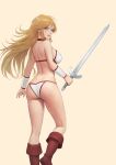  1girl armor ass back bikini bikini_armor blonde_hair boots breasts brown_footwear choker dimples_of_venus golden_axe golden_axe_ii holding holding_sword holding_weapon kneepits large_breasts lips long_hair looking_at_viewer looking_back mezzo_(orbanga21) red_choker sideboob sidelocks solo swimsuit sword tyris_flare vambraces weapon white_bikini yellow_background 