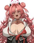  1girl breasts choker collarbone double_bun hair_bun hair_intakes highres huge_breasts jewelry long_hair maruko_tooto necklace red_eyes red_hair seductive_smile simple_background smile solo sweat upper_body very_long_hair white_background 