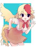  1girl animal animal_on_head bird bird_on_head bird_tail bird_wings blonde_hair blush_stickers chick cowboy_shot cropped_legs dress feathered_wings highres multicolored_hair niwatari_kutaka on_head open_mouth orange_dress red_eyes red_hair rei_(tonbo0430) short_hair short_sleeves smile solo tail touhou two-tone_hair wings yellow_wings 