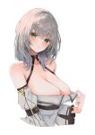  1girl bangs bare_shoulders blush breasts cleavage closed_mouth clothes_pull detached_sleeves green_eyes grey_hair highres hololive large_breasts looking_at_viewer shirogane_noel shirt_pull solo uo_illust upper_body virtual_youtuber white_background wide_sleeves 