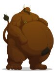 anthro beard belly big_belly bovid bovine brown_body brown_fur cattle facial_hair fur hand_on_stomach hi_res horn male mammal muscular muscular_male nipple_piercing nipples overweight overweight_male pecs piercing shikizshigls solo strongfat 