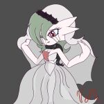  1:1 2022 3_fingers black_rose bodily_fluids breasts cleavage clothed clothing dress female fingers gardevoir generation_3_pokemon green_hair grey_background hair hair_over_eye hi_res humanoid long_hair lynofdeath nintendo not_furry one_eye_closed one_eye_obstructed pokemon pokemon_(species) red_eyes running_mascara scarf signature simple_background solo tears video_games wedding_dress wedding_veil 