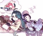  2girls ahoge app bangs black_gloves blunt_bangs blush_stickers bonnet bright_pupils clodsire gloves green_hair hammer highres long_hair long_sleeves multiple_girls paldean_wooper pokemon pokemon_(creature) pokemon_(game) pokemon_sv ponytail poppy_(pokemon) red_eyes rika_(pokemon) shirt sleeping smile stuffed_animal stuffed_toy suspenders tinkaton white_pupils zzz 