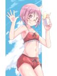  1girl ahoge arm_up bangs bare_legs blue_sky check_commentary cloud commentary commentary_request dripping food glasses highres holding_ice_cream ice_cream looking_at_viewer navel nonohara_yuzuko outdoors pink_eyes pink_hair short_hair sidelocks simple_background sky smile stomach sweat swimsuit thighs tongue tongue_out upper_body waving wet wet_hair yuukin yuyushiki 