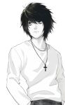  1boy bags_under_eyes black_eyes black_hair closed_mouth cross cross_necklace death_note greyscale hair_between_eyes hand_in_pocket highres jewelry l_(death_note) long_sleeves looking_to_the_side male_focus monochrome multiple_necklaces necklace no_eyebrows shirt short_hair softp3ach solo upper_body white_background white_shirt 