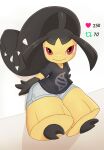  2022 2_toes absurd_res bangs black_body black_clothing black_shirt black_skin black_topwear bottomwear clothed clothing cutoffs denim denim_clothing feet female freckles generation_3_pokemon gloves_(marking) hair_mouth hi_res humanoid leaning leaning_on_wall looking_at_viewer markings mawaifu mawile meme nintendo parted_bangs pokemon pokemon_(species) pseudo_hair red_eyes sharp_teeth shirt shorts solo strip_meme t-shirt teeth toes topwear twitter video_games yellow_body yellow_skin 