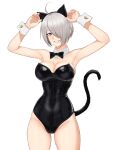 1girl angel_(kof) animal_ears breasts cat_ears cat_girl cat_tail cleavage grey_hair grin hair_over_one_eye highres large_breasts looking_at_viewer short_hair smile solo tail teeth the_king_of_fighters white_hair yukimune 
