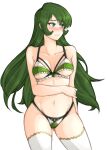  1girl absurdres alternate_costume arm_under_breasts ass_visible_through_thighs bangs bare_shoulders blush bra breasts cleavage cowboy_shot erinys_(fire_emblem) fire_emblem fire_emblem:_genealogy_of_the_holy_war frilled_bra frills green_eyes green_hair highleg highleg_panties highres long_hair looking_to_the_side medium_breasts navel panties simple_background solo thighhighs thighs tridisart underboob underwear 
