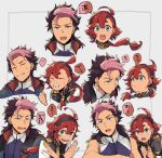  1boy 1girl ahoge aqua_eyes asticassia_school_uniform black_hairband blue_eyes brown_hair closed_eyes crossed_arms expressions grey_background guel_jeturk gundam gundam_suisei_no_majo hair_between_eyes hair_tie hairband highres long_hair mullet multicolored_hair multiple_views open_mouth own_hands_together parted_lips pink_hair red_hair school_uniform shirt short_hair_with_long_locks sleeveless sleeveless_shirt suletta_mercury sweatdrop thick_eyebrows two-tone_hair wakaya_hana wavy_hair 