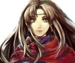  1girl brown_eyes brown_hair cape circlet closed_mouth earrings gensou_suikoden gensou_suikoden_i headband ikunosake jewelry long_hair looking_at_viewer odessa_silverberg simple_background solo white_background 