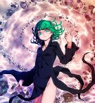  1girl black_dress breasts collared_dress commentary_request constricted_pupils covered_navel cowboy_shot curly_hair debris dress floating_rock glaring green_eyes green_hair honyata index_finger_raised looking_at_viewer one-punch_man psychic short_hair side_slit small_breasts solo tatsumaki telekinesis thighs 