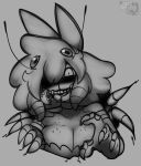  2022 4_eyes 4_fingers accessory animal_humanoid antennae_(anatomy) anthro arthropod arthropod_humanoid big_breasts breasts bust_portrait claws cleavage clothed clothing collarbone crustacean crustacean_humanoid digital_drawing_(artwork) digital_media_(artwork) ebii_(ebiinari) ebiinari fangs female finger_claws fingers fluffy fluffy_hair freckles front_view grey_background greyscale hair headband headgear headgear_only headwear headwear_only hi_res humanoid insane looking_at_viewer mandibles marine marine_humanoid monochrome monster mostly_nude multi_eye multi_leg multi_limb portrait reaching_towards_viewer scales sharp_teeth shrimp shrimp_humanoid signature simple_background solo subject_3b11 teeth tongue watermark 