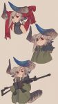  1girl :&lt; animal_ears coat cropped_torso curled_horns dragon_girl dragon_horns dragon_tail fur-trimmed_hood fur_trim gradient_horns gradient_tail green_coat grey_hair gun hair_over_one_eye hands_up highres holding holding_gun holding_weapon hood hood_down hooded_coat horn_ornament horn_ribbon horns kmbk long_sleeves mismatched_horns monster_girl multicolored_horns multiple_views original pointy_ears ponytail red_eyes red_scarf ribbed_sweater ribbon scarf simple_background sleeveless sleeveless_turtleneck sweater tail turtleneck turtleneck_sweater weapon 