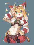  3:4 anthro belt blonde_hair christmas christmas_clothing claws clothing cygames felid female fur gesture gold_(metal) green_eyes hair hand_on_hip hi_res holidays looking_at_viewer mammal mia_(world_flipper) nipple_outline pantherine smile solo striped_body striped_fur stripes tiger v_sign world_flipper yatosuke 