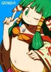  1girl beeru_(veil8801) breasts closed_mouth feena_(grandia) grandia grandia_i green_eyes green_hair hair_ornament hair_tubes highres jewelry long_hair looking_at_viewer midriff navel necklace one_eye_closed simple_background smile solo wide_sleeves 