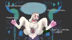  16:9 anonymous_artist anthro anus balls big_balls blush bodily_fluids bovid caprine deltarune english_text genital_fluids genitals goat goat_tail half-erect hi_res horn looking_at_viewer male mammal paws penis precum presenting presenting_anus puffy_anus ralsei solo solo_focus text thick_thighs undertale_(series) video_games widescreen 