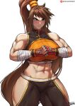  1girl abs bandaged_arm bandages bare_shoulders batako_(pixiv54063972) breasts brown_eyes brown_hair dnf_duel dungeon_and_fighter fighter_(dungeon_and_fighter) fingerless_gloves gloves highres large_breasts light_smile long_hair midriff muscular muscular_female ponytail solo striker_(dungeon_and_fighter) thick_thighs thighs very_long_hair 