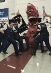  131_nngo 1other 4boys crowded extra_eyes hat helmet highres horror_(theme) indoors middle_finger monster multiple_boys newspaper open_mouth original peaked_cap police police_uniform policeman riot_shield shield teeth uniform 