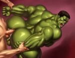  2boys absurdres anal arms_behind_back ass avengers_(series) bara black_hair bruce_banner closed_eyes colored_skin cum ejaculating_while_penetrated ejaculation erection green_skin highres holding_another&#039;s_wrist huge_ass hulk large_pectorals lyttav male_focus marvel moaning multiple_boys muscular muscular_male nipples open_mouth pectorals penis sex sex_from_behind short_hair solo_focus testicles thick_thighs thighs yaoi 