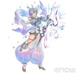  1girl attack breasts fire_emblem fire_emblem_heroes floating floating_object gradient_clothes holding holding_weapon large_breasts multicolored_eyes multicolored_hair official_art open_mouth open_pants pants seidr_(fire_emblem) short_hair solo thick_thighs thigh_strap thighs weapon yoshiku_(oden-usagi) 