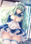  1girl alternate_costume apron bare_shoulders blue_dress blue_sleeves blush breasts cleavage cowboy_shot detached_sleeves dress enmaided frilled_apron frilled_dress frills green_eyes green_hair hair_between_eyes highres kochiya_sanae large_breasts liya long_hair maid maid_apron maid_headdress panties parted_lips solo thighhighs touhou underwear white_apron white_panties white_thighhighs 