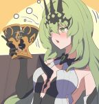  1girl black_gloves breasts couch cup dress drunk elbow_gloves fopasu gloves green_eyes green_hair holding holding_cup honkai_(series) honkai_impact_3rd mobius_(honkai_impact) no_bra slit_pupils small_breasts white_dress 