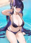  beach bikini braid braided_ponytail breasts cleavage genshin_impact hair_ornament large_breasts long_hair momera navel partially_submerged purple_bikini purple_eyes purple_hair raiden_shogun shallow_water swimsuit very_long_hair water 