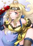  1girl ahoge alternate_costume bare_shoulders blonde_hair breasts camilla_(fire_emblem) camilla_(fire_emblem)_(cosplay) cosplay ebi_puri_(ebi-ebi) fire_emblem fire_emblem_fates fire_emblem_heroes grey_eyes headband holding holding_scroll japanese_clothes looking_at_viewer medium_breasts ninja one_eye_closed ophelia_(fire_emblem) scroll solo thighhighs 