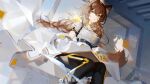  1girl absurdres aniao_ya animal_ears black_pants breasts brown_eyes brown_hair commentary_request cube girls&#039;_frontline girls&#039;_frontline_neural_cloud gloves hair_ornament highres jewelry labcoat large_breasts looking_at_viewer necklace off_shoulder pants paper shirt sitting solo turing_(girls&#039;_frontline_nc) weibo_username white_shirt yellow_gloves 