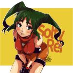  1girl bodysuit breasts gloves green_eyes green_hair long_hair looking_at_viewer medium_breasts oomsz open_mouth orange_bodysuit smile solo solty_rei solty_revant spandex twintails 