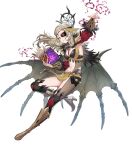  1girl bangs blonde_hair book boots breasts circlet detached_sleeves eyepatch fire_emblem fire_emblem_fates fire_emblem_heroes full_body hair_ornament haru_(hiyori-kohal) highres jewelry knee_boots long_hair long_sleeves medium_breasts non-web_source official_art ophelia_(fire_emblem) pelvic_curtain solo wings 