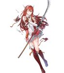  1girl armor bangs blush boots caeldori_(fire_emblem) clenched_teeth dress elbow_gloves fire_emblem fire_emblem_fates fire_emblem_heroes full_body garter_straps gloves hair_ornament hairband highres knee_boots long_hair looking_away naginata non-web_source official_art one_eye_closed parted_lips polearm red_eyes red_hair shiny shiny_hair short_dress shoulder_armor solo tan_(tangent) teeth thighhighs torn_clothes torn_dress transparent_background weapon zettai_ryouiki 