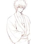  1boy absurdres bangs closed_mouth collarbone gintama greyscale hair_between_eyes hand_under_clothes highres japanese_clothes kimono long_sleeves looking_away male_focus monochrome sakata_gintoki simple_background solo uraki_(tetsu420) white_background wide_sleeves 