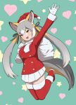  1girl absurdres animal_ear_fluff animal_ears boots christmas christmas_present dress fox_ears fox_girl fox_tail gift grey_hair hat highres island_fox_(kemono_friends) kemono_friends kemono_friends_v_project kneehighs long_hair looking_at_viewer multicolored_hair open_mouth orange_hair rest_in_muni ribbon santa_costume santa_dress santa_hat simple_background smile socks solo tail twintails virtual_youtuber yellow_eyes 