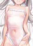  1girl bed bed_sheet blush breasts head_out_of_frame highres kouhai-chan_(mignon) long_hair lying mignon navel on_back one-piece_swimsuit original out_of_frame see-through small_breasts smile solo_focus swimsuit twintails wet wet_clothes white_one-piece_swimsuit 