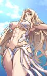  1girl alternate_costume blonde_hair breasts cosplay fate/grand_order fate_(series) gorgon_(fate) gorgon_(fate)_(cosplay) green_eyes highres long_hair medusa_(fate) quetzalcoatl_(fate) sky solo thick_thighs thighs zantyarz 
