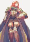  1girl aduti_momoyama armor bare_shoulders black_gloves black_skirt black_thighhighs boobplate book celica_(fire_emblem) closed_mouth elbow_gloves fingerless_gloves fire_emblem fire_emblem_echoes:_shadows_of_valentia fire_emblem_heroes from_below frown gloves greaves hairband hand_on_hip highres holding holding_book long_hair miniskirt overskirt red_eyes red_hair simple_background single_horizontal_stripe skirt solo standing thighhighs white_background zettai_ryouiki 