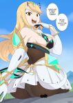  1girl absurdres ass bangs blonde_hair breasts cleavage_cutout clothing_cutout dangerking11 dangle_earrings dress earrings elbow_gloves giant giantess gloves highres jewelry large_breasts long_hair microskirt mythra_(massive_melee)_(xenoblade) mythra_(xenoblade) neon_trim original panties panties_under_pantyhose pantyhose pleated_skirt short_dress sideboob skirt sleeveless sleeveless_dress speech_bubble swept_bangs tiara underwear very_long_hair white_dress white_skirt xenoblade_chronicles_(series) xenoblade_chronicles_2 