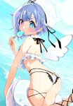  1girl amemiya_nazuna angel angel_wings ass bikini blue_eyes blue_sky blush breasts broken_halo candy cloud detached_wings earrings fang food frilled_bikini frills halo hat heterochromia jewelry lollipop looking_at_viewer looking_back pink_eyes shadowsinking short_hair skin_fang sky small_breasts swimsuit virtual_youtuber vshojo water white_bikini white_hair white_headwear wings 