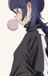 1girl alternate_hairstyle black_shirt blue_eyes blue_hair brown_background bubble_blowing chewing_gum commentary dark_blue_hair from_side hoshino_ichika_(project_sekai) long_hair long_sleeves looking_away looking_down mgc52003625 multicolored_hair profile project_sekai shirt simple_background single_vertical_stripe solo streaked_hair turtleneck upper_body 