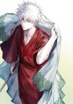  1boy absurdres arm_up bangs bokken closed_mouth collarbone gintama gradient gradient_background green_background hair_between_eyes highres holding holding_sword holding_weapon japanese_clothes kimono long_sleeves looking_at_viewer male_focus red_eyes red_kimono sakata_gintoki solo sword uraki_(tetsu420) weapon white_background white_hair wide_sleeves wooden_sword 