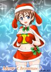  1girl akaboshi_koume bangs blue_background blue_eyes bow breasts brown_hair capelet christmas cleavage commentary_request cowboy_shot crop_top fur-trimmed_capelet fur-trimmed_skirt fur_trim gift girls_und_panzer green_bow hat highres holding holding_gift looking_at_viewer medium_breasts merry_christmas microskirt midriff navel nspa_(spa-jcs) open_mouth red_capelet red_mittens red_shirt red_skirt santa_costume santa_hat shirt short_hair skirt smile solo sparkle standing star_(symbol) star_ornament starry_background thighhighs twitter_username wavy_hair white_thighhighs 
