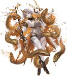  1girl bangs blonde_hair breasts fire_emblem fire_emblem_heroes gold_trim gradient gradient_hair grey_hair gullveig_(fire_emblem) highres horns large_breasts long_hair long_sleeves multicolored_hair non-web_source official_art parted_bangs single_horn snake solo two-tone_hair wide_sleeves yellow_eyes yoshiku_(oden-usagi) 