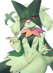  anthro blush breasts female generation_9_pokemon genitals green_body hi_res looking_at_viewer meowscarada navel nintendo open_mouth pokemon pokemon_(species) pussy red_eyes solo video_games 