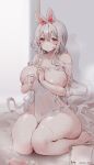  1girl animal_ears bad_id bad_twitter_id barefoot blush breasts closed_mouth dated flower grey_hair hair_between_eyes highres huge_breasts long_hair looking_at_viewer nipples nude original red_eyes red_flower red_rose rose shiny shiny_hair shiro_albino sitting solo thick_thighs thighs towel wariza wet 