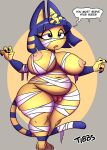  absurd_res animal_crossing ankha_(animal_crossing) anthro areola bandage big_breasts black_eyes black_nails blue_hair breasts colored_nails domestic_cat english_text felid feline felis female genitals hair hi_res huge_breasts huge_hips huge_thighs mammal markings mostly_nude nails nintendo nipples open_mouth pupils pussy slightly_chubby solo speech_bubble striped_markings striped_tail stripes tail_markings tan_areola tan_nipples text thick_thighs tibbs video_games white_pupils wide_hips wrappings yellow_body 