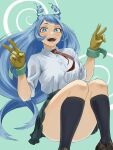  1girl :d absurdres blue_eyes blue_hair boku_no_hero_academia collared_shirt drill_hair fengling_(furin-jp) floating gloves green_skirt hadou_nejire hair_horns hands_up highres kneehighs loafers long_hair looking_at_viewer necktie open_mouth pleated_skirt red_necktie school_uniform shirt shoes skirt smile socks solo twin_drills u.a._school_uniform v very_long_hair white_shirt yellow_gloves 
