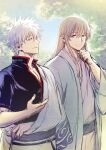  2boys absurdres bangs black_shirt blue_sky brown_eyes brown_hair closed_mouth day gintama hadanugi_dousa hair_between_eyes hand_up highres japanese_clothes kimono long_hair long_sleeves male_focus multiple_boys obi open_clothes outdoors red_eyes sakata_gintoki sash shirt short_sleeves sky smile twitter_username uraki_(tetsu420) white_hair white_kimono wide_sleeves yoshida_shouyou 