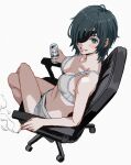  1girl aqua_eyes asahi_breweries beer_can black_hair blush bra breasts can chainsaw_man chair cigarette collarbone crossed_legs eyepatch from_above full_body highres himeno_(chainsaw_man) holding holding_can holding_cigarette looking_at_viewer office_chair on_chair one_eye_covered panties shiren_(ourboy83) short_hair simple_background sitting smile smoke solo underwear underwear_only white_background white_bra white_panties 