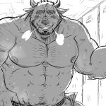  2022 abs anthro biceps blush bottomwear bovid bovine breath cattle clothed clothing facial_hair goatee greyscale hi_res horn locker_room looking_at_viewer male mammal many monochrome mtmnkmn mtmnkmn125 muscular muscular_arms pants pecs smile solo topless 
